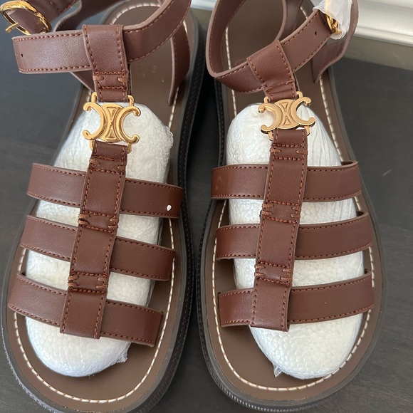 Brown leather gladiator sandals with gold accents - Picture 1 of 9